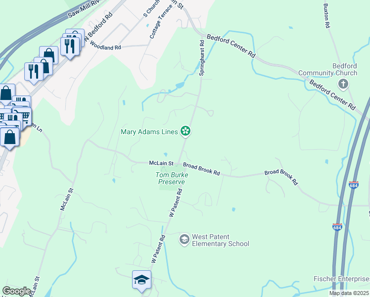 map of restaurants, bars, coffee shops, grocery stores, and more near 108 Springhurst Road in Bedford Hills