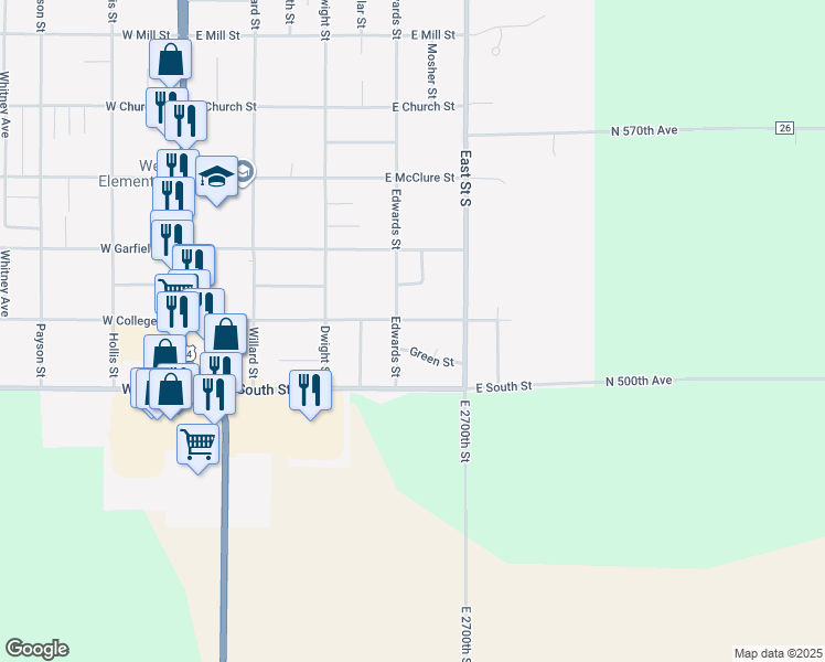 map of restaurants, bars, coffee shops, grocery stores, and more near 525-599 Edwards Street in Kewanee