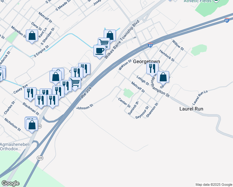 map of restaurants, bars, coffee shops, grocery stores, and more near 153 South Walnut Street in Georgetown