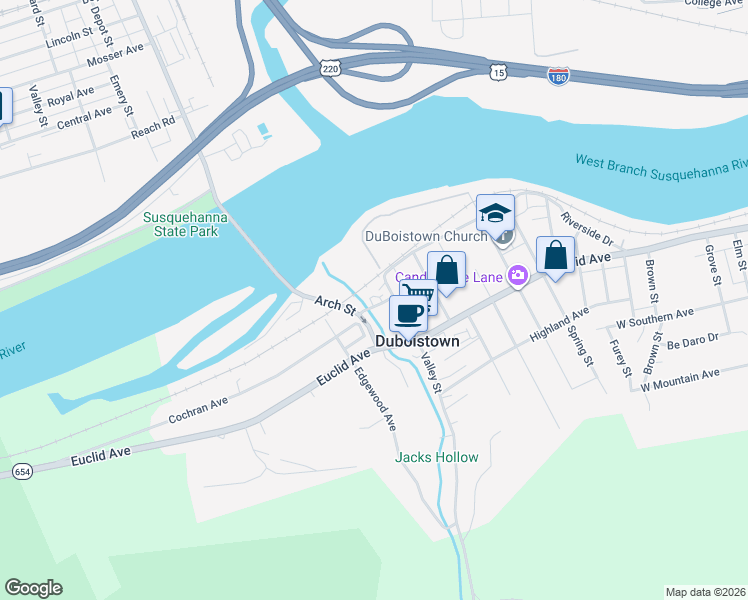 map of restaurants, bars, coffee shops, grocery stores, and more near 100-108 Valley Street in Duboistown