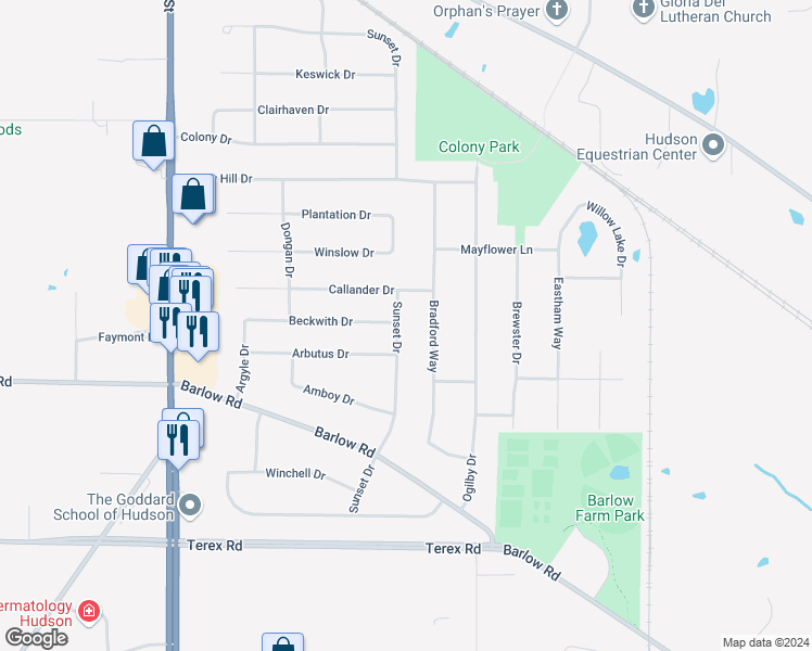 map of restaurants, bars, coffee shops, grocery stores, and more near 5907 Sunset Drive in Hudson