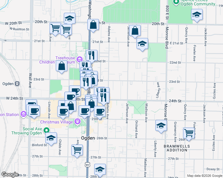 map of restaurants, bars, coffee shops, grocery stores, and more near 2306 Adams Avenue in Ogden