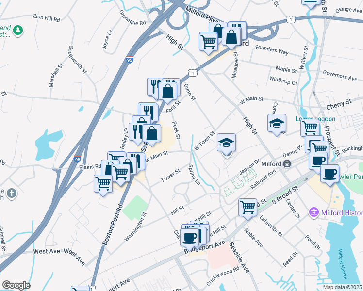 map of restaurants, bars, coffee shops, grocery stores, and more near 28 Peck Street in Milford
