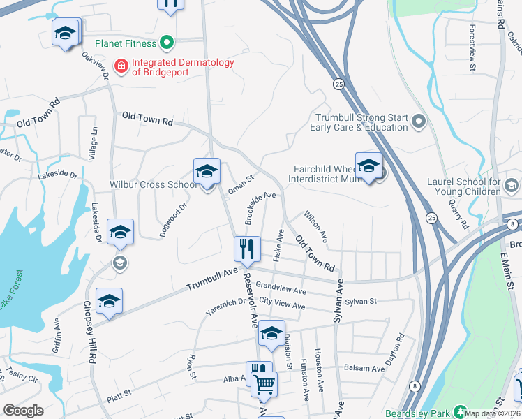 map of restaurants, bars, coffee shops, grocery stores, and more near 135 Brookside Avenue in Bridgeport