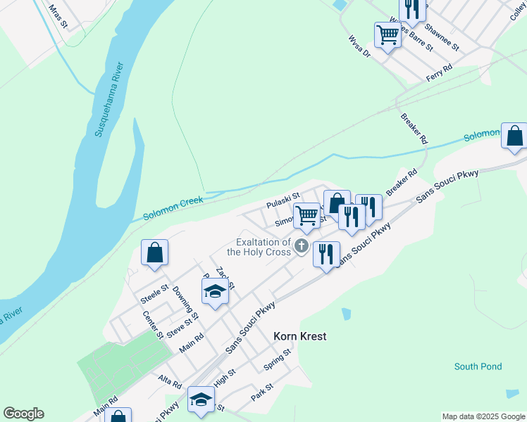 map of restaurants, bars, coffee shops, grocery stores, and more near 82 Pulaski Street in Wilkes-Barre
