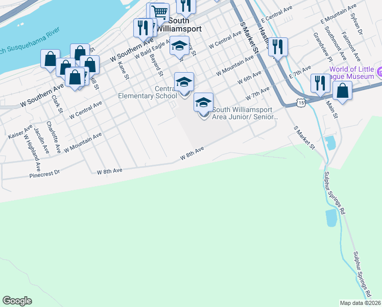 map of restaurants, bars, coffee shops, grocery stores, and more near 703 West 8th Avenue in South Williamsport