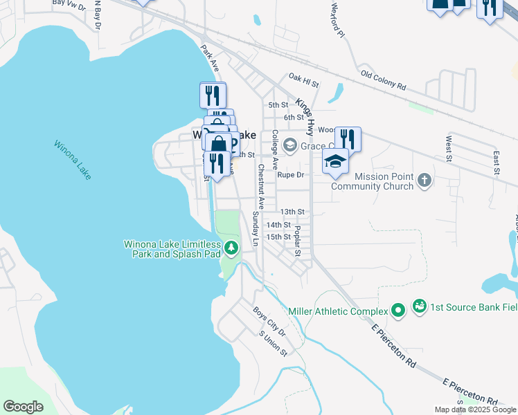 map of restaurants, bars, coffee shops, grocery stores, and more near 101 East 12th Street in Winona Lake
