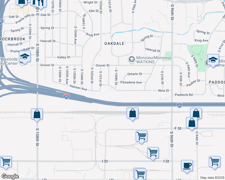 map of restaurants, bars, coffee shops, grocery stores, and more near 3704 South 100th Street in Omaha