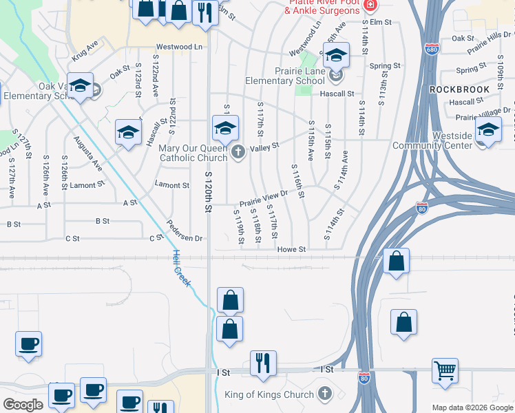 map of restaurants, bars, coffee shops, grocery stores, and more near 3528 South 117th Street in Omaha