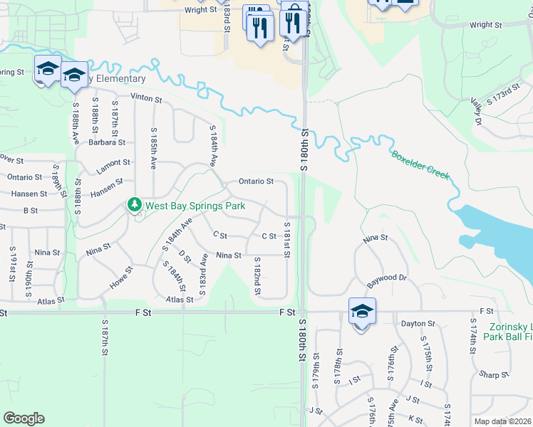 map of restaurants, bars, coffee shops, grocery stores, and more near 3615 South 182nd Circle in Omaha