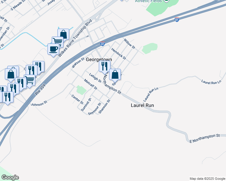 map of restaurants, bars, coffee shops, grocery stores, and more near 849 East Northampton Street in Georgetown