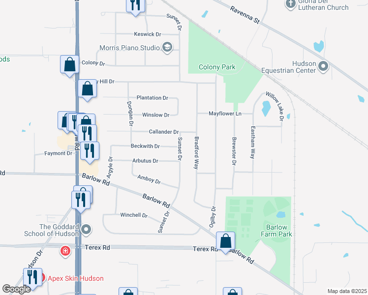 map of restaurants, bars, coffee shops, grocery stores, and more near 5907 Sunset Drive in Hudson