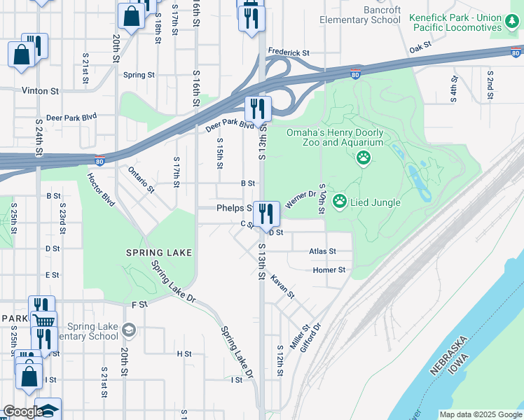 map of restaurants, bars, coffee shops, grocery stores, and more near 3764 South 13th Street in Omaha