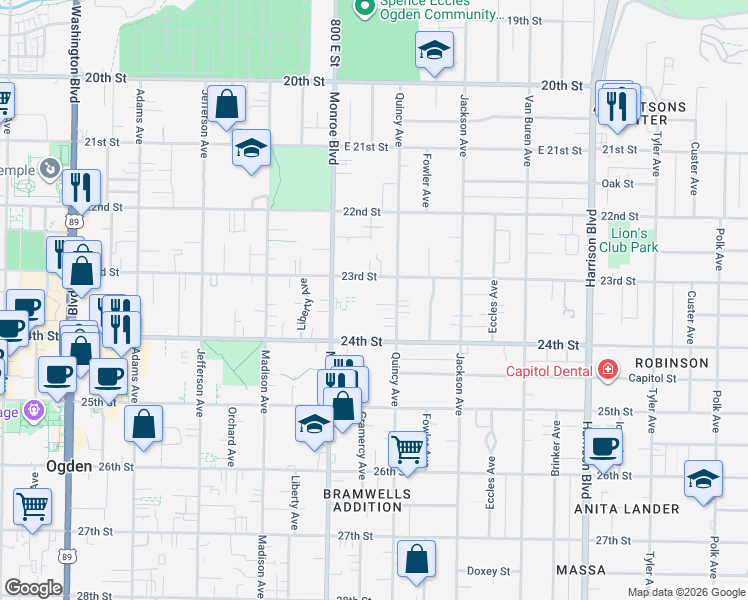 map of restaurants, bars, coffee shops, grocery stores, and more near 866 Cahoon Circle in Ogden