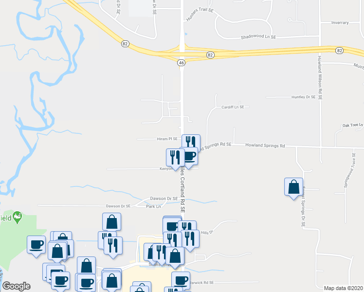 map of restaurants, bars, coffee shops, grocery stores, and more near 1348 Niles Cortland Road Southeast in Warren