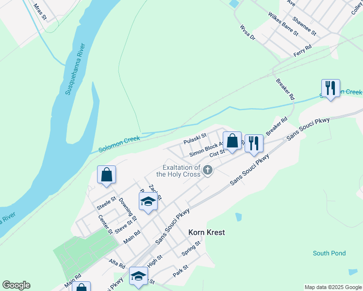 map of restaurants, bars, coffee shops, grocery stores, and more near 82 Pulaski Street in Wilkes-Barre