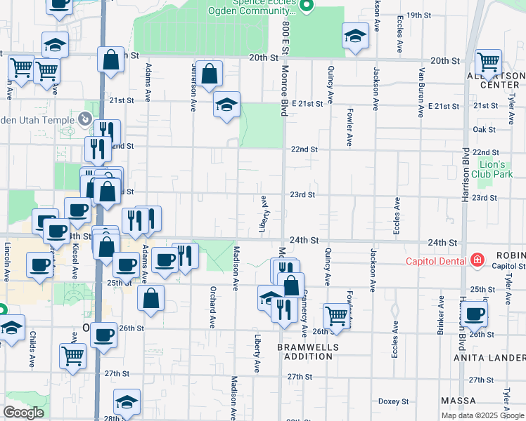 map of restaurants, bars, coffee shops, grocery stores, and more near 2337 Liberty Avenue in Ogden