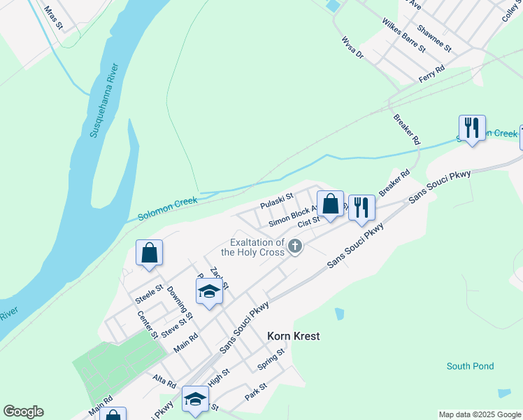 map of restaurants, bars, coffee shops, grocery stores, and more near 78 Pulaski Street in Wilkes-Barre