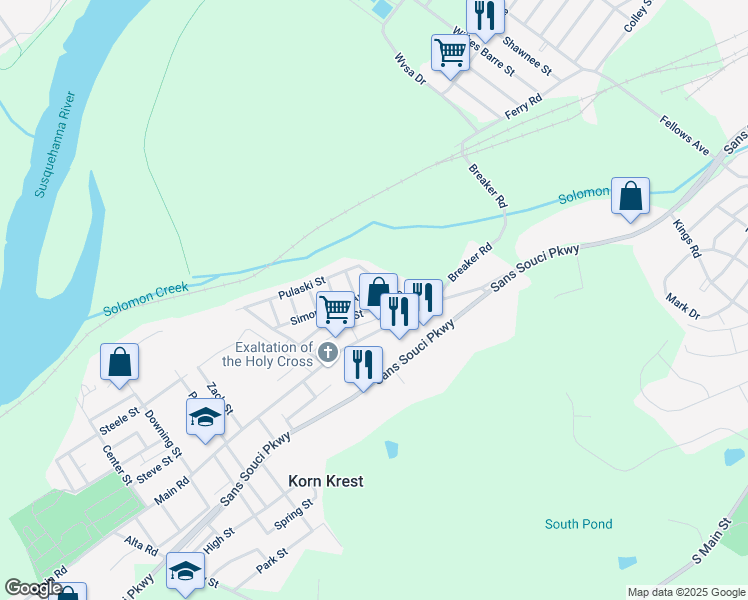 map of restaurants, bars, coffee shops, grocery stores, and more near 18 Simon Block Avenue in Wilkes-Barre