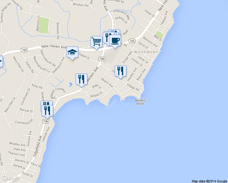 map of restaurants, bars, coffee shops, grocery stores, and more near 162 Kings Highway in Milford