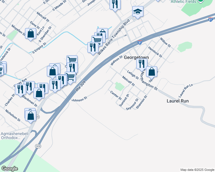 map of restaurants, bars, coffee shops, grocery stores, and more near 153 South Walnut Street in Georgetown