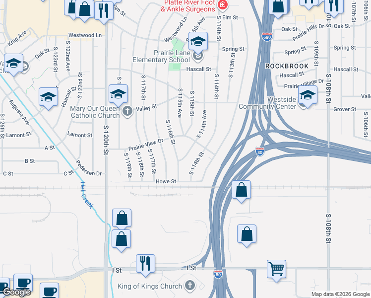map of restaurants, bars, coffee shops, grocery stores, and more near 11565 Prairie View Drive in Omaha