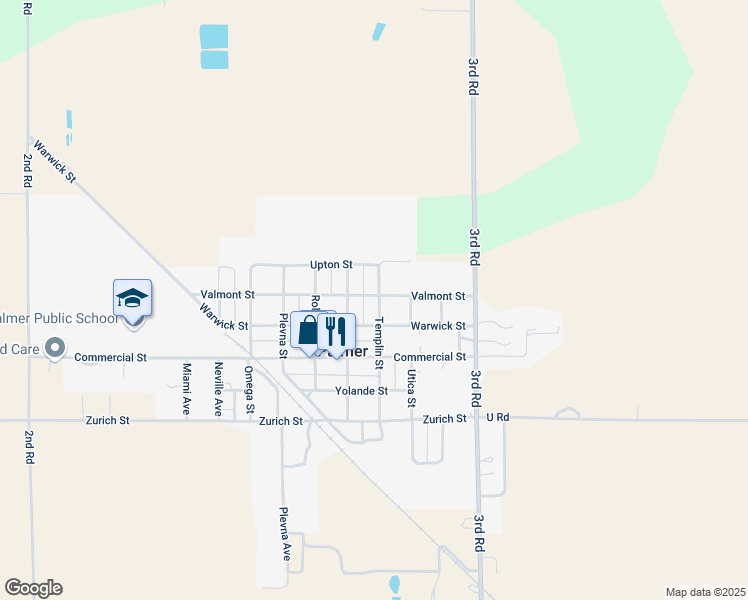 map of restaurants, bars, coffee shops, grocery stores, and more near 900-912 Templin Street in Palmer