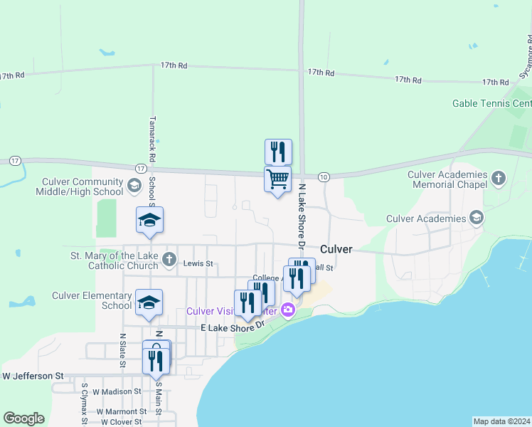 map of restaurants, bars, coffee shops, grocery stores, and more near 624 Forest Place in Culver