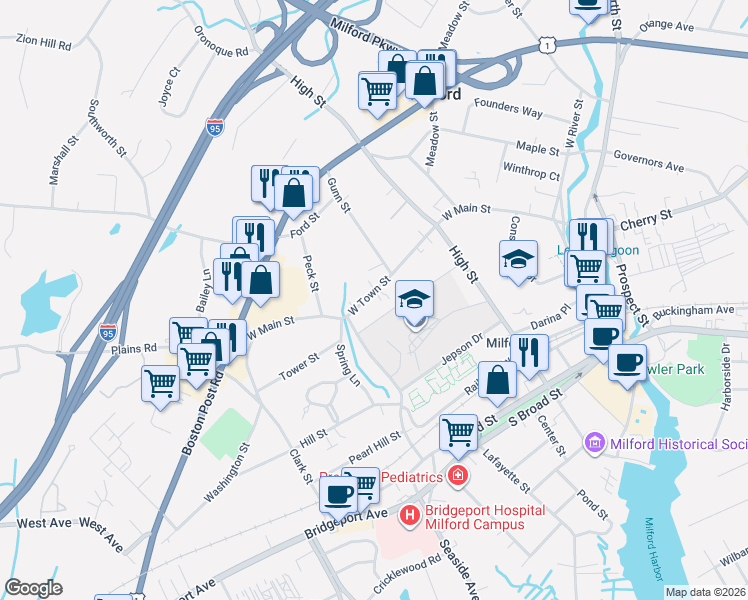 map of restaurants, bars, coffee shops, grocery stores, and more near 223 West Main Street in Milford