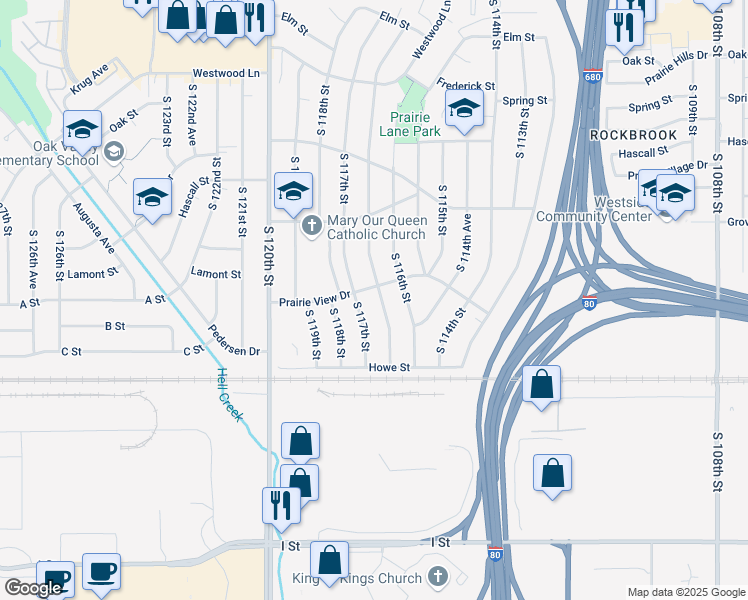 map of restaurants, bars, coffee shops, grocery stores, and more near 3612 South 116th Avenue in Omaha