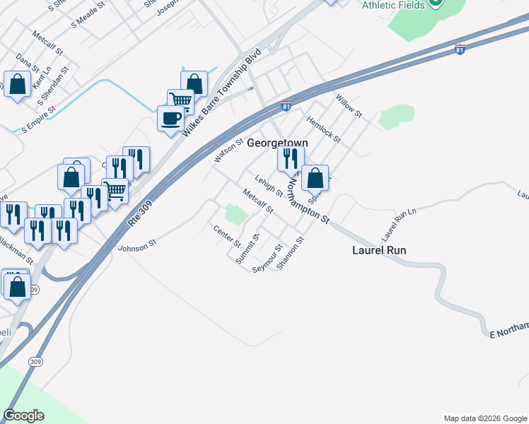 map of restaurants, bars, coffee shops, grocery stores, and more near 758 Metcalf Street in Wilkes-Barre Township