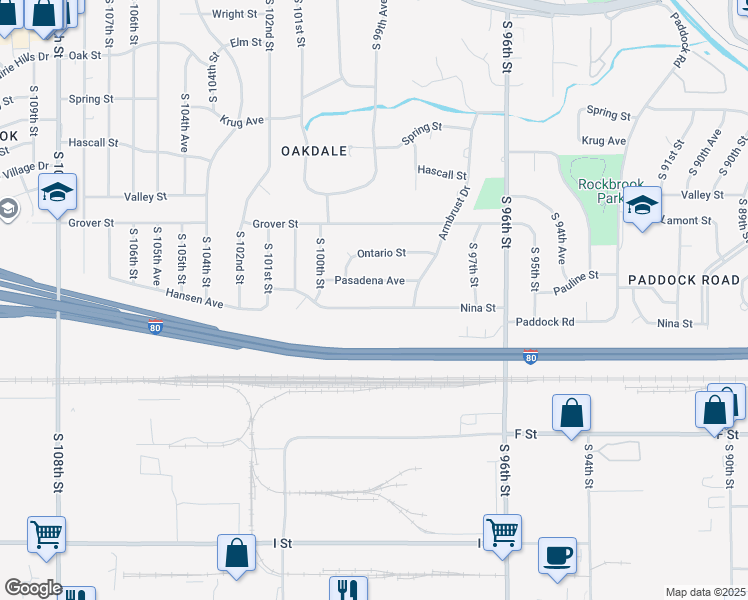 map of restaurants, bars, coffee shops, grocery stores, and more near 9825 Pasadena Avenue in Omaha
