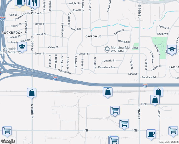 map of restaurants, bars, coffee shops, grocery stores, and more near 3704 South 100th Street in Omaha