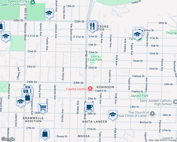 map of restaurants, bars, coffee shops, grocery stores, and more near 2296 South Harrison Boulevard in Ogden