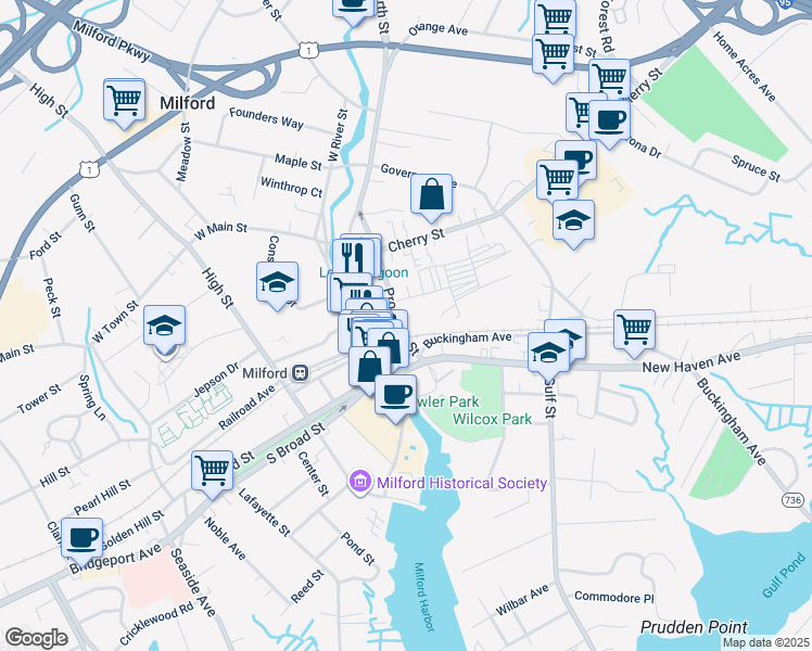 map of restaurants, bars, coffee shops, grocery stores, and more near 46 Prospect Street in Milford
