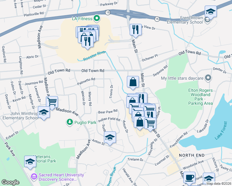 map of restaurants, bars, coffee shops, grocery stores, and more near 126 Travis Drive in Bridgeport