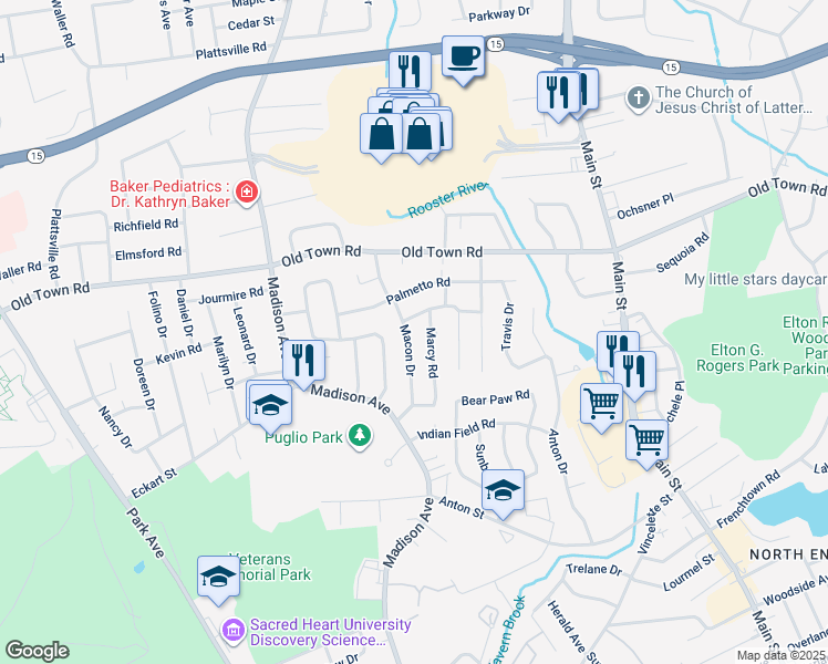 map of restaurants, bars, coffee shops, grocery stores, and more near 233 Macon Drive in Bridgeport