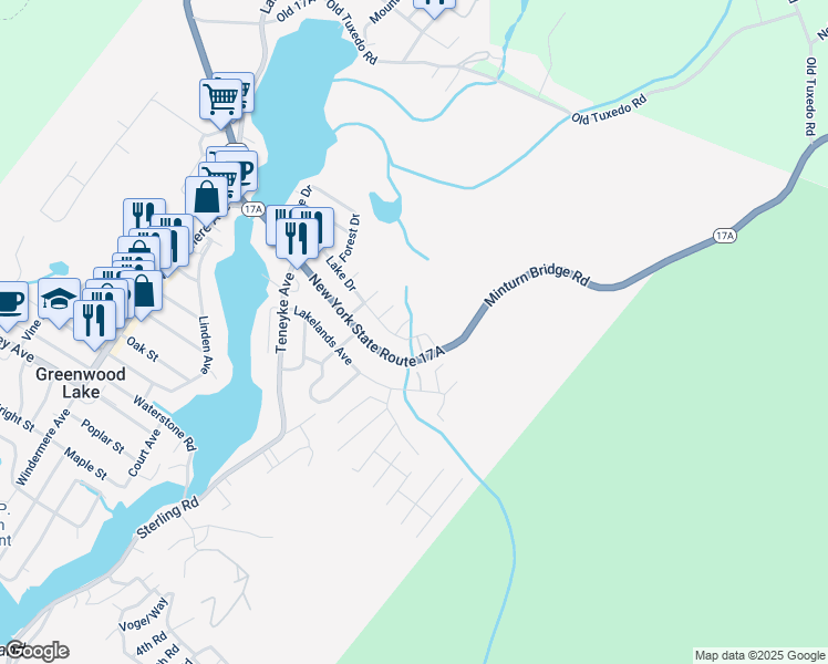 map of restaurants, bars, coffee shops, grocery stores, and more near 7 Locust Drive in Greenwood Lake