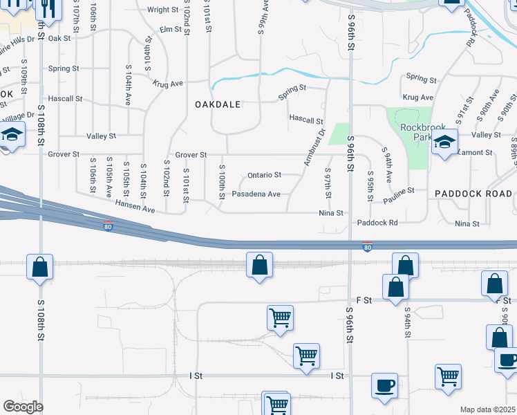 map of restaurants, bars, coffee shops, grocery stores, and more near 9825 Pasadena Avenue in Omaha