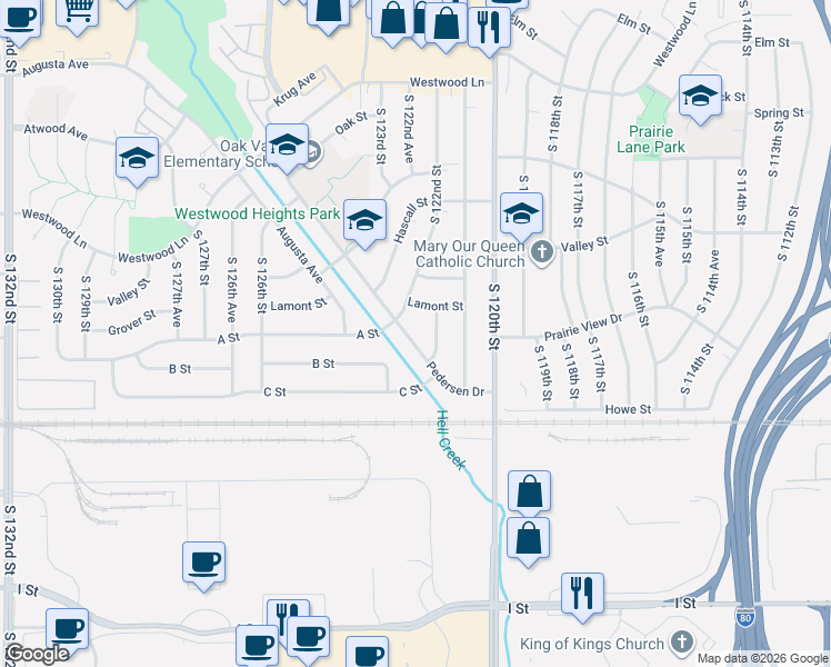 map of restaurants, bars, coffee shops, grocery stores, and more near 3554 South 121st Avenue in Omaha