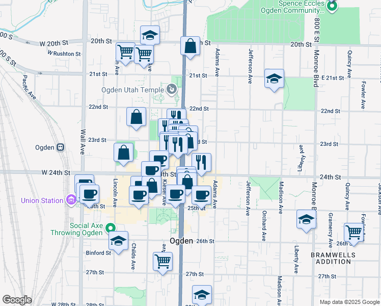 map of restaurants, bars, coffee shops, grocery stores, and more near 2326 Washington Boulevard in Ogden