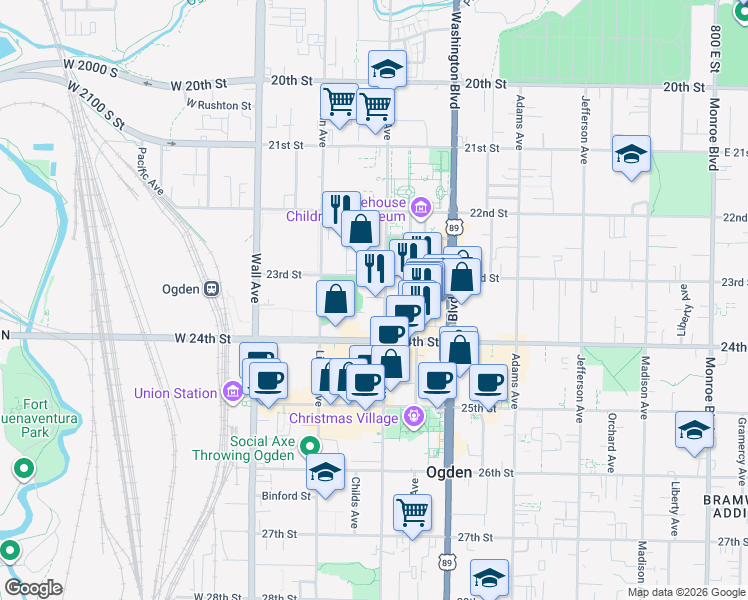 map of restaurants, bars, coffee shops, grocery stores, and more near 2305 Grant Avenue in Ogden