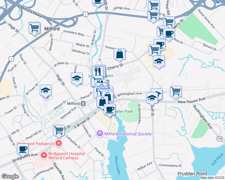 map of restaurants, bars, coffee shops, grocery stores, and more near 46 Prospect Street in Milford