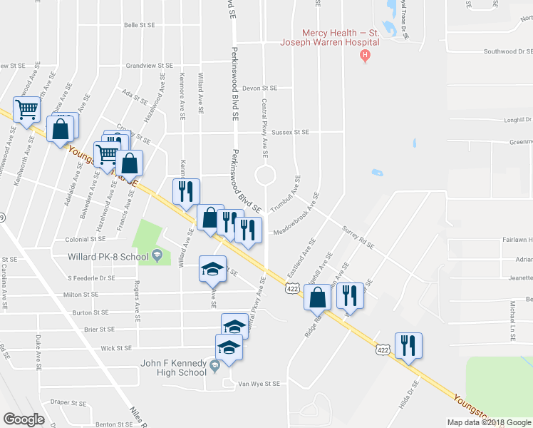 map of restaurants, bars, coffee shops, grocery stores, and more near 1299 Central Parkway Avenue Southeast in Warren