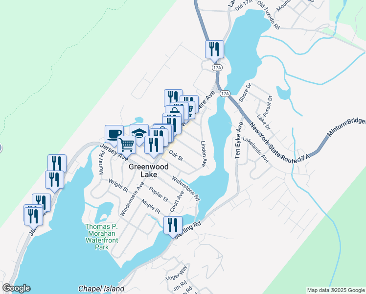map of restaurants, bars, coffee shops, grocery stores, and more near 21 Chestnut Street in Greenwood Lake