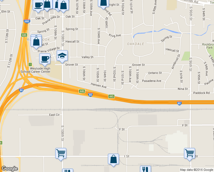 map of restaurants, bars, coffee shops, grocery stores, and more near 3647 104th Street in Omaha
