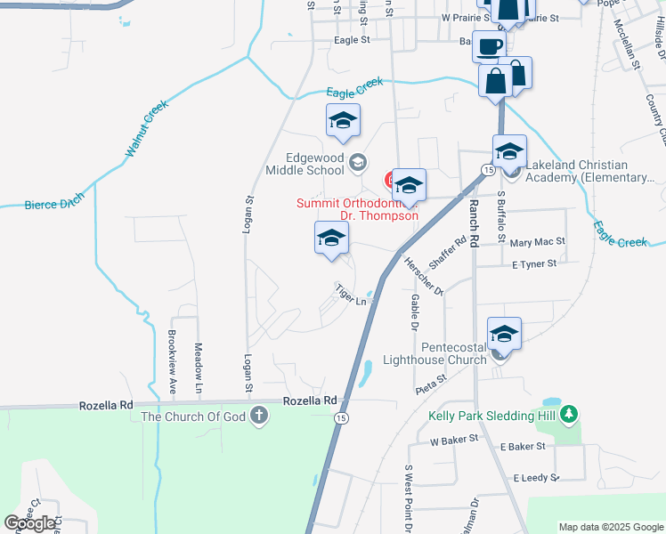 map of restaurants, bars, coffee shops, grocery stores, and more near 1 Tiger Lane in Warsaw