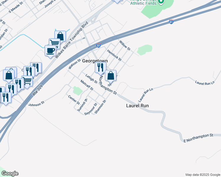 map of restaurants, bars, coffee shops, grocery stores, and more near 850 East Northampton Street in Wilkes-Barre Township