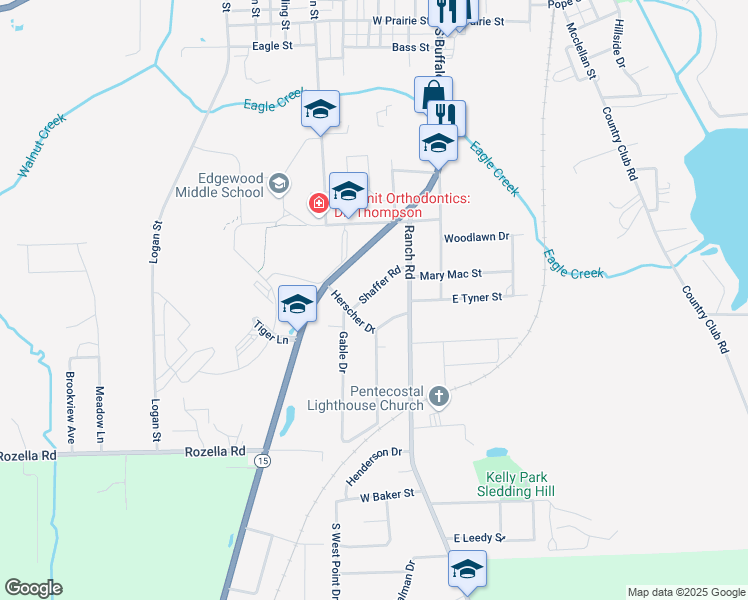 map of restaurants, bars, coffee shops, grocery stores, and more near 214 Shaffer Road in Warsaw