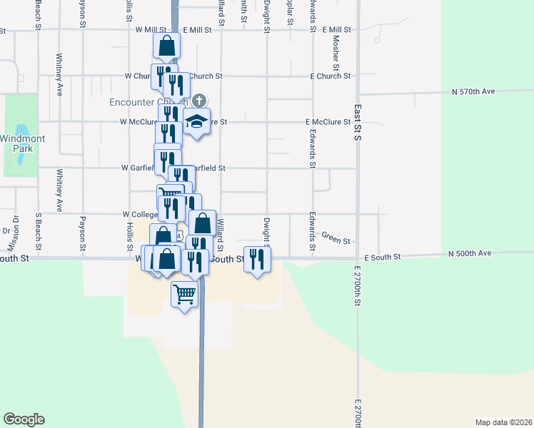 map of restaurants, bars, coffee shops, grocery stores, and more near 599 Dwight St in Kewanee